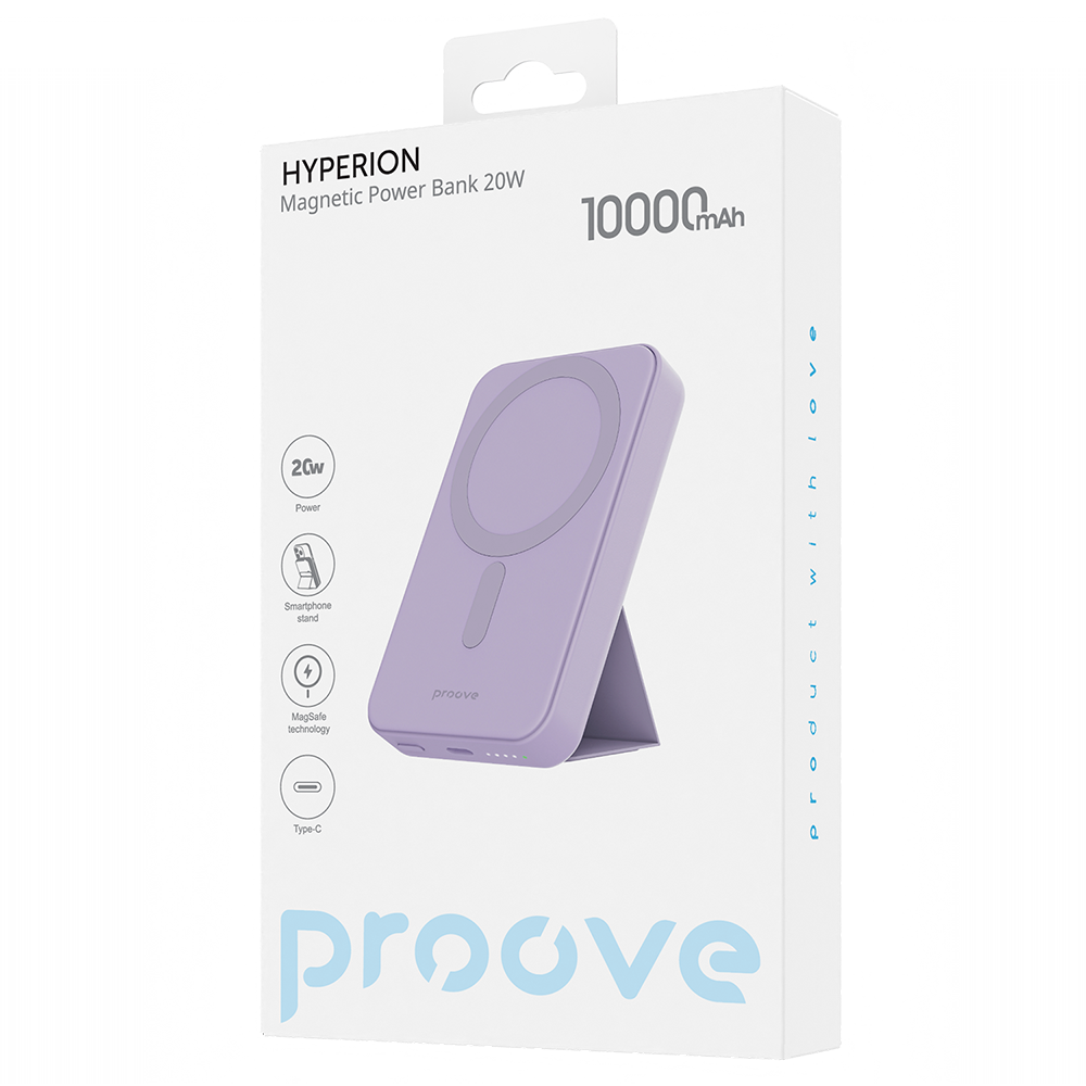 Spoljna baterija Wireless Proove Hyperion, 10000mAh, 20W, PD + FQI, 1 x QI - 1 x USB-C, Ljubičasta
