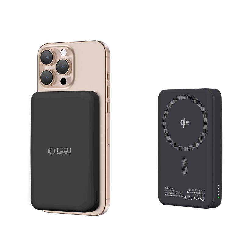 External Wireless Battery Tech-Protect PB24 LifeMag, 10000mAh, 15W, PD + FQI, 1 x QI - 1 x USB-A - 1 x USB-C, Black