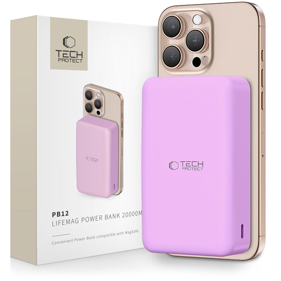 Eksterna baterija Wireless Tech-Protect PB12 LifeMag, 20000mAh, 20W, QC + PD + FQI, 1 x QI - 1 x USB-A - 1 x USB-C, Ljubičasta