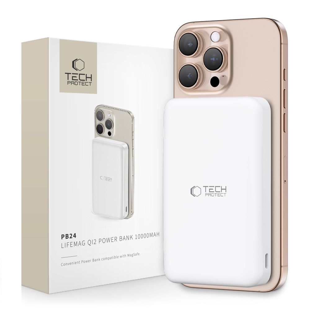 Vanjska baterija Wireless Tech-Protect PB24 LifeMag, 10000mAh, 15W, PD + FQI, 1 x QI - 1 x USB-A - 1 x USB-C, Bijela