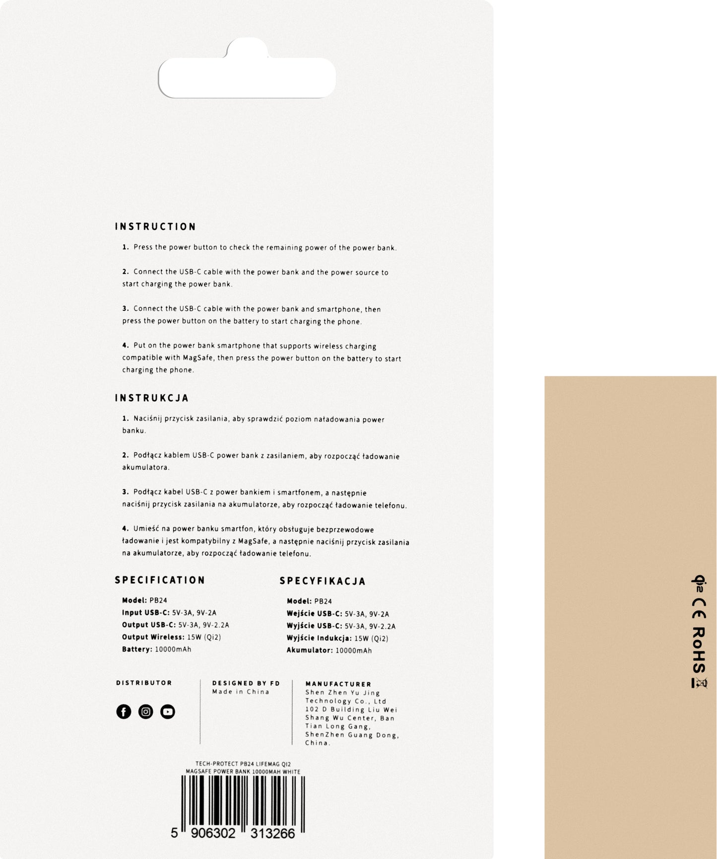 Vanjska baterija Wireless Tech-Protect PB24 LifeMag, 10000mAh, 15W, PD + FQI, 1 x QI - 1 x USB-A - 1 x USB-C, Bijela