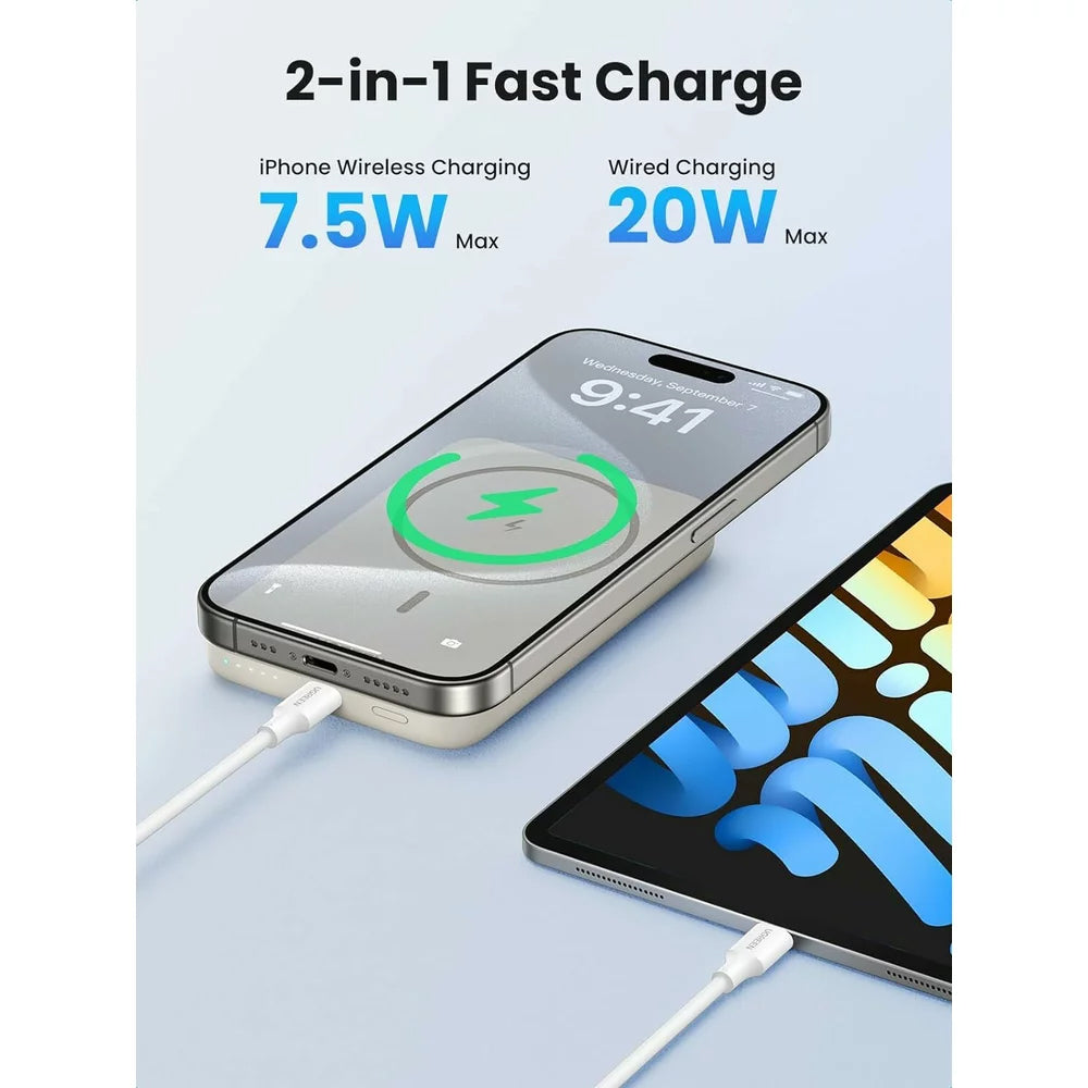 Vanjska baterija bežična UGREEN PB561, 10000mAh, 20W, PD + FQI, 1 x QI - 1 x USB-C, Bež