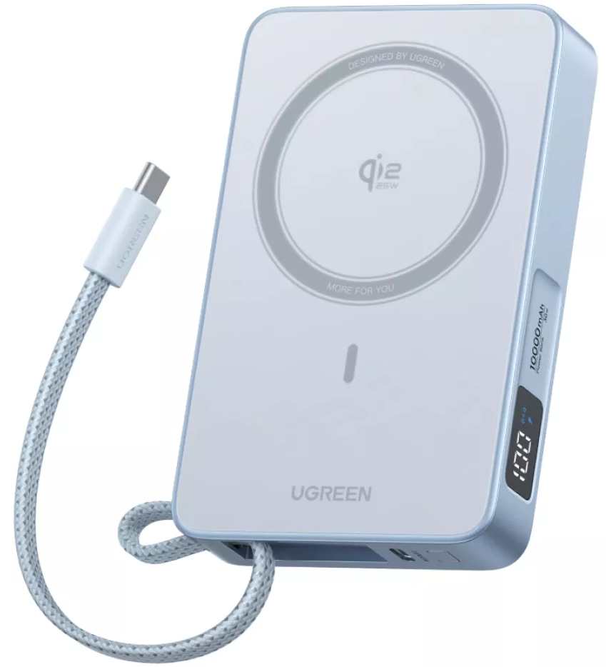 Spoljna bežična baterija UGREEN MagFlow PB773, 10000mAh, 25W, PD + FQI, 1 x QI - 2 x USB-C, Plava