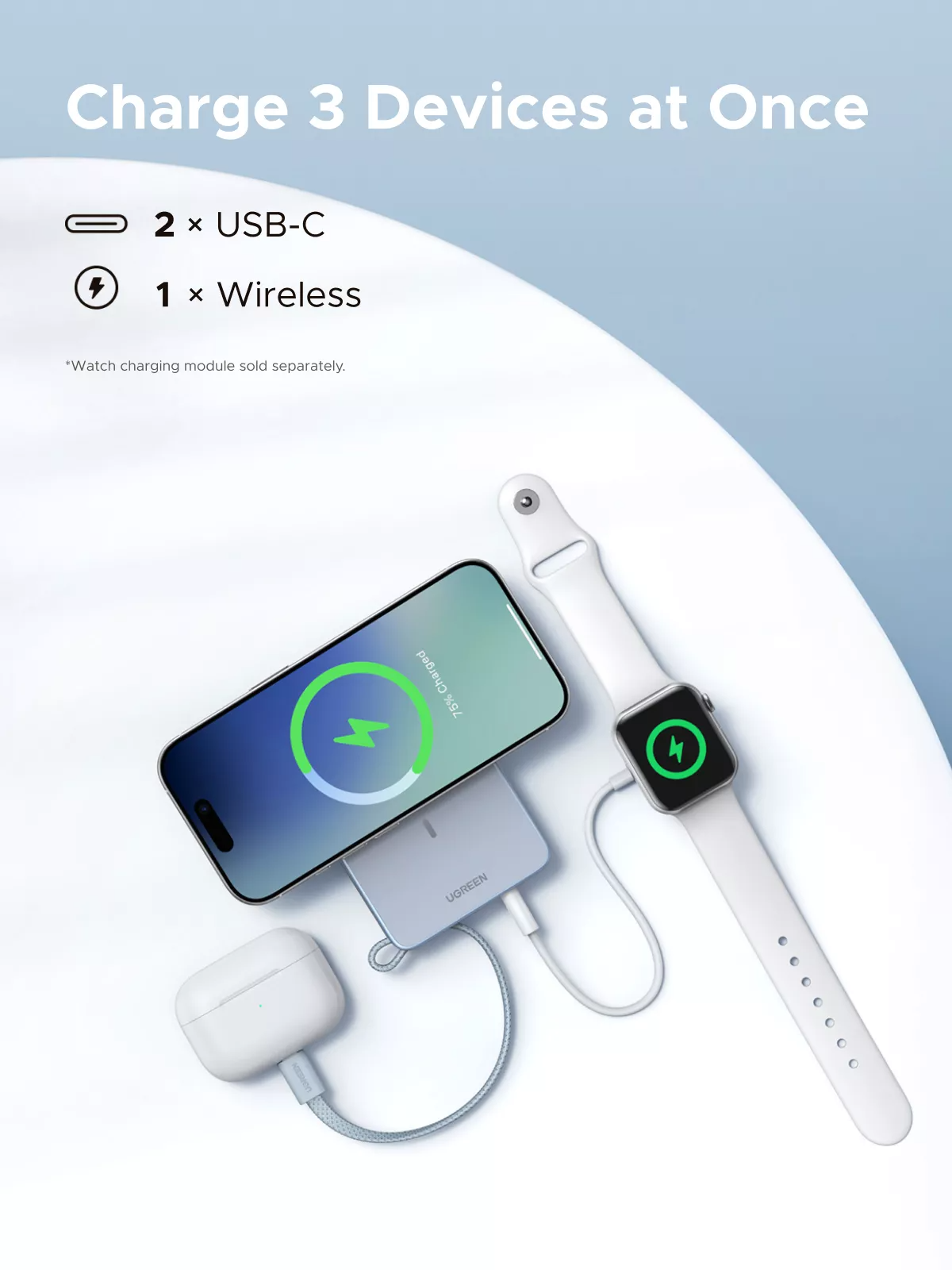Spoljna bežična baterija UGREEN MagFlow PB773, 10000mAh, 25W, PD + FQI, 1 x QI - 2 x USB-C, Plava