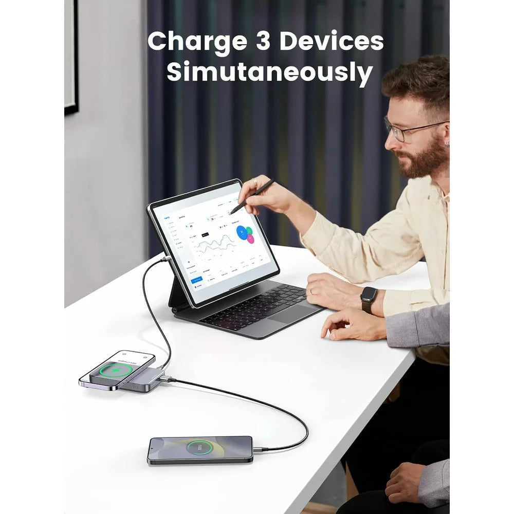 Vanjska bežična baterija UGREEN PB206, 10000mAh, 20W, QC + PD + FQI, 1 x QI - 1 x USB-A - 1 x USB-C, siva