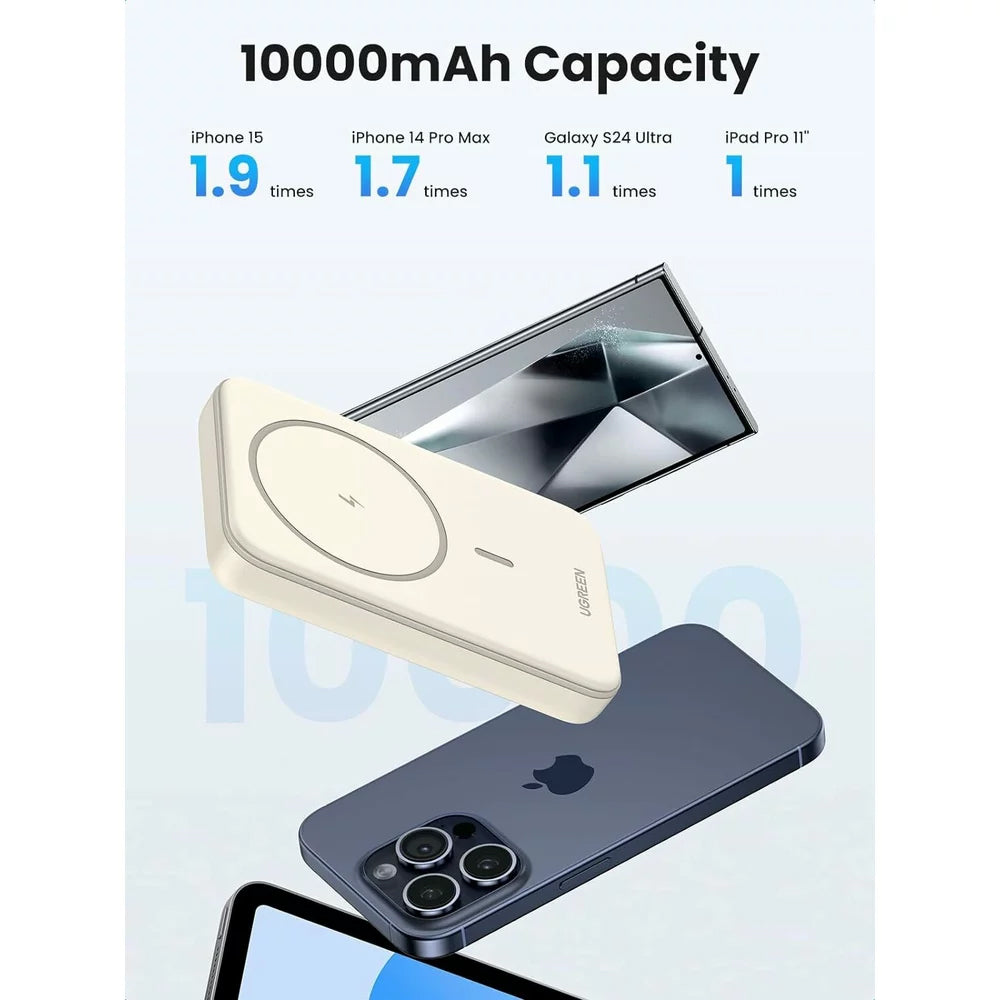 Vanjska baterija bežična UGREEN PB561, 10000mAh, 20W, PD + FQI, 1 x QI - 1 x USB-C, Bež