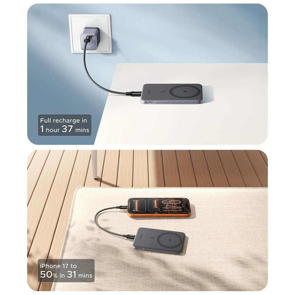 Bežična Eksterna Baterija UGREEN PB580 (75984B), 5000mAh, 15W, PD + FQI, 1 x QI - 1 x USB-C, Siva