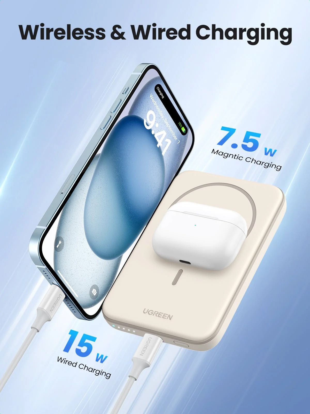 Spoljna Baterija Wireless UGREEN PB560, 5000mAh, 15W, PD + QI, 1 x QI - 1 x USB-C, Bež