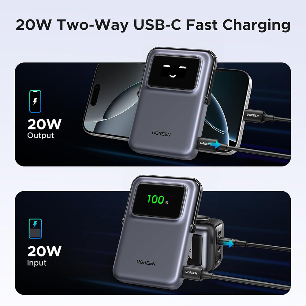 Spoljna Bežična Baterija UGREEN PB764 Uno, 10000mAh, 20W, PD + FQI, 1 x QI - 1 x USB-C, Siva