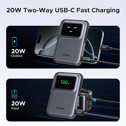 Spoljna Bežična Baterija UGREEN PB764 Uno, 10000mAh, 20W, PD + FQI, 1 x QI - 1 x USB-C, Siva