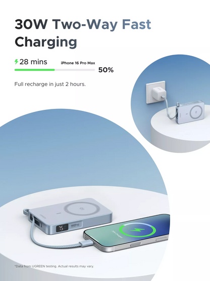 Spoljna bežična baterija UGREEN MagFlow PB773, 10000mAh, 25W, PD + FQI, 1 x QI - 2 x USB-C, Plava