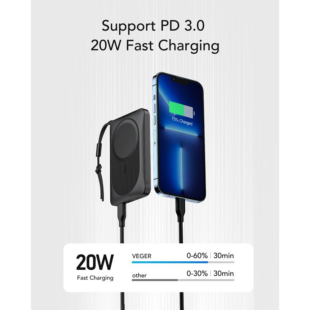 Spoljna bežična baterija Veger VP1151 / W1151, 10000mAh, 22.5W, QC + PD + FQI, 1 x QI - 1 x USB-A - 1 x USB-C, Crna