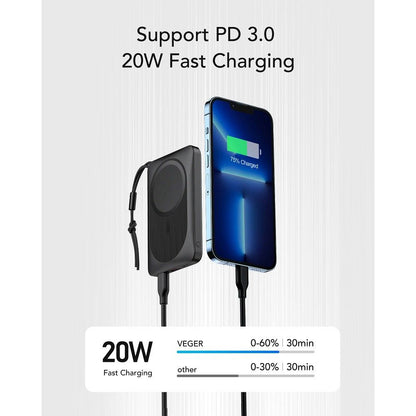 Spoljna bežična baterija Veger VP1151 / W1151, 10000mAh, 22.5W, QC + PD + FQI, 1 x QI - 1 x USB-A - 1 x USB-C, Crna