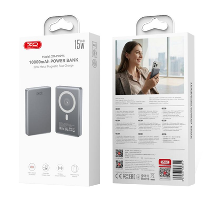 Bežična eksterna baterija XO Design PR294, 10000mAh, 20W, PD + FQI, 1 x QI - 1 x USB-C, Siva