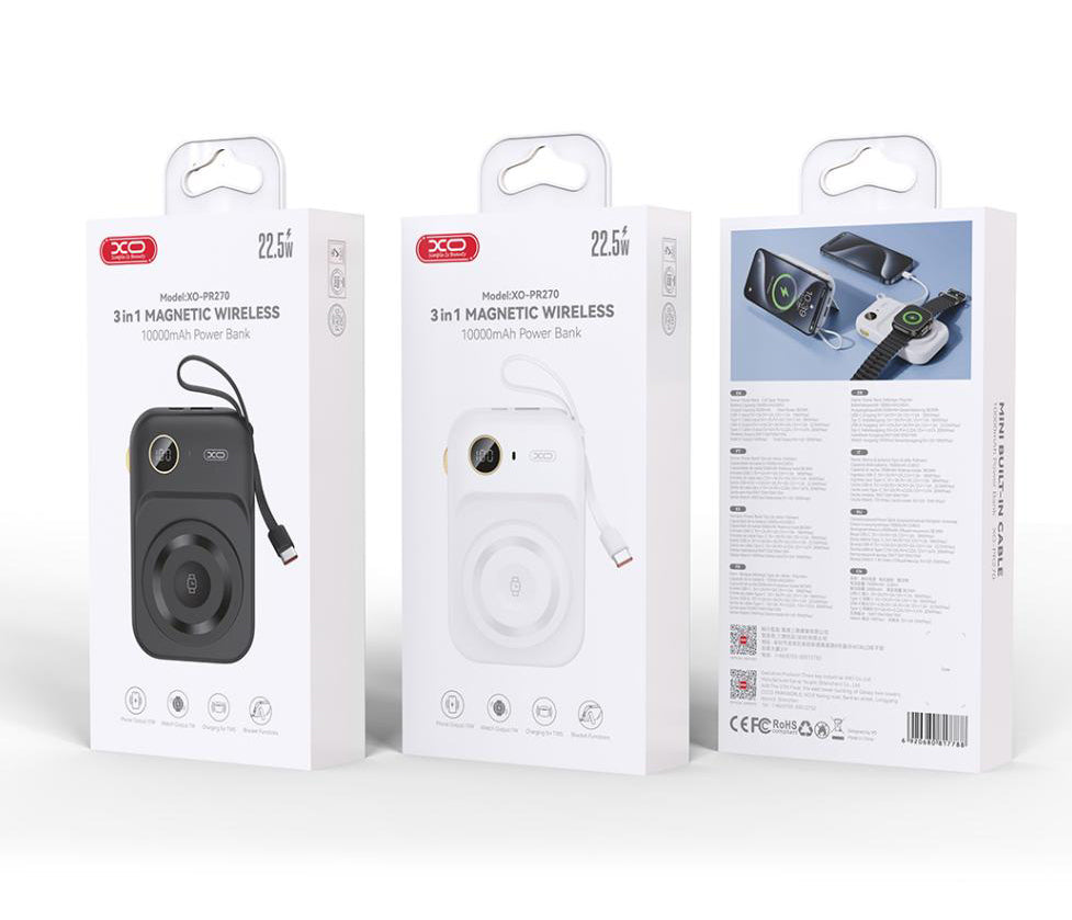 Spoljna baterija Wireless XO Design PR270, 10000mAh, 22.5W, QC + PD + QI, 1 x QI - 1 x USB-A - 1 x USB-C, Bela