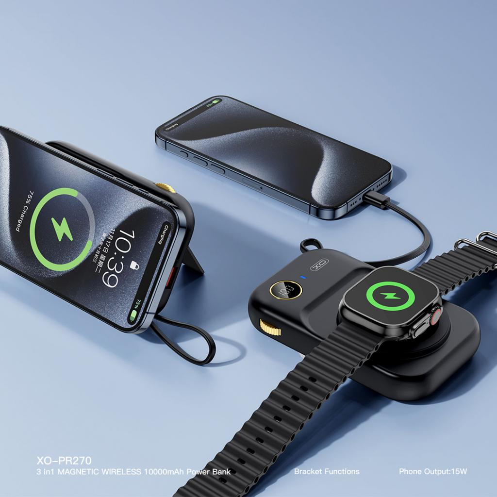 Spoljna Baterija Wireless XO Design PR270, 10000mAh, 22.5W, QC + PD + QI, 1 x QI - 1 x USB-A - 1 x USB-C, Crna