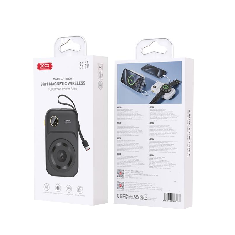 Spoljna Baterija Wireless XO Design PR270, 10000mAh, 22.5W, QC + PD + QI, 1 x QI - 1 x USB-A - 1 x USB-C, Crna