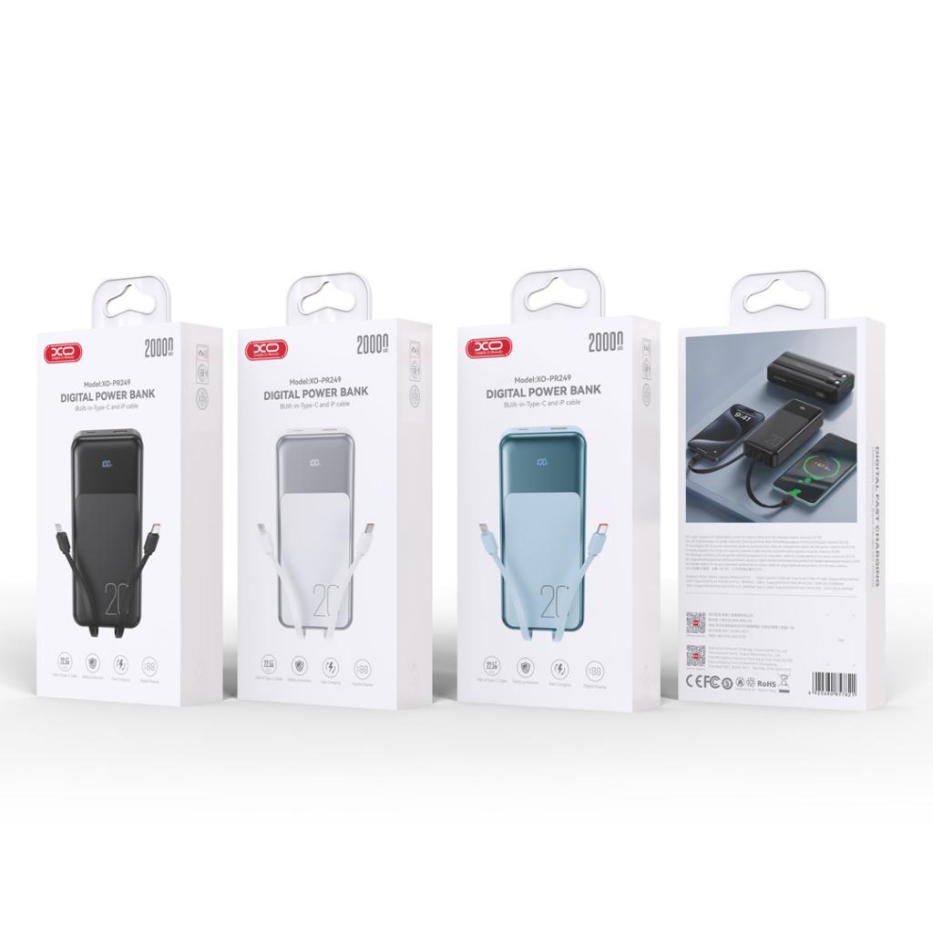 Spoljna baterija XO Design PR249, 20000mAh, 22.5W, QC + PD, 1 x Lightning - 1 x USB-A - 2 x USB-C, Bela
