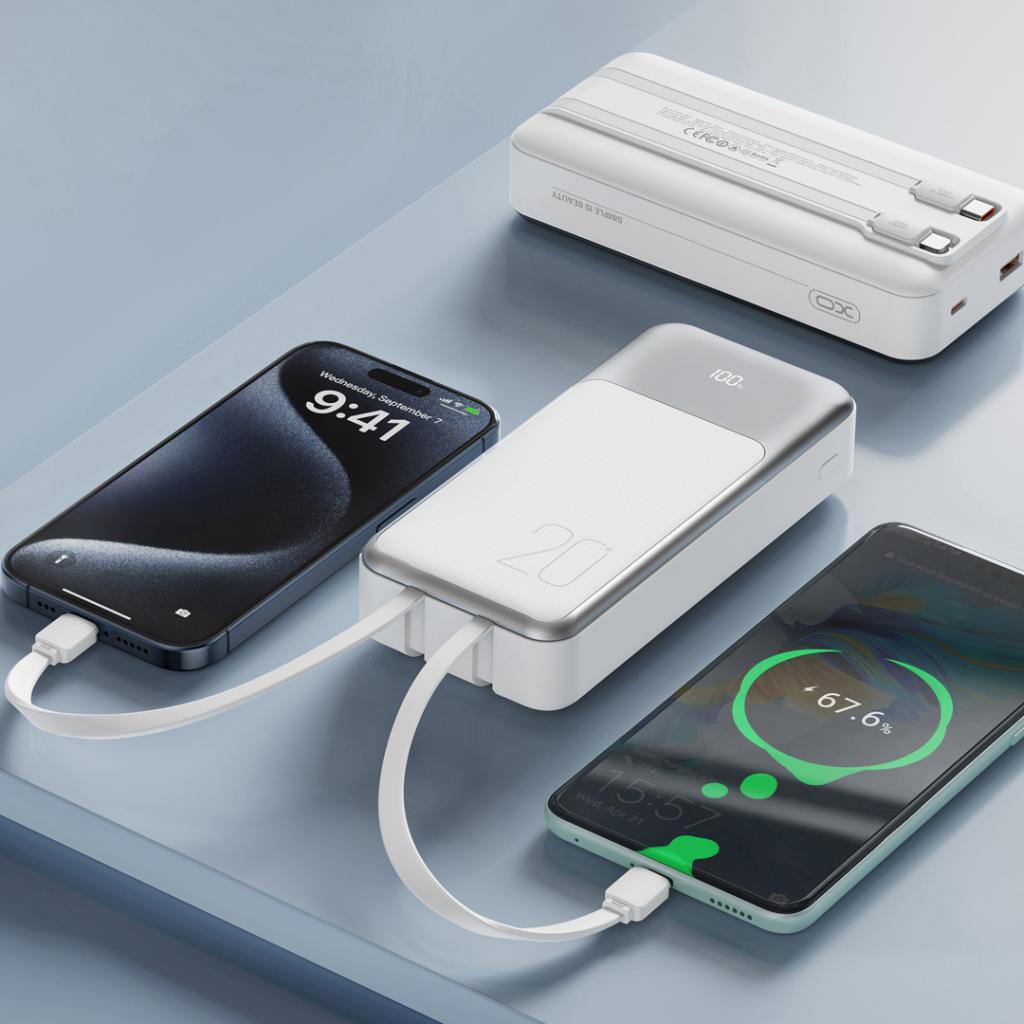 Spoljna baterija XO Design PR249, 20000mAh, 22.5W, QC + PD, 1 x Lightning - 1 x USB-A - 2 x USB-C, Bela