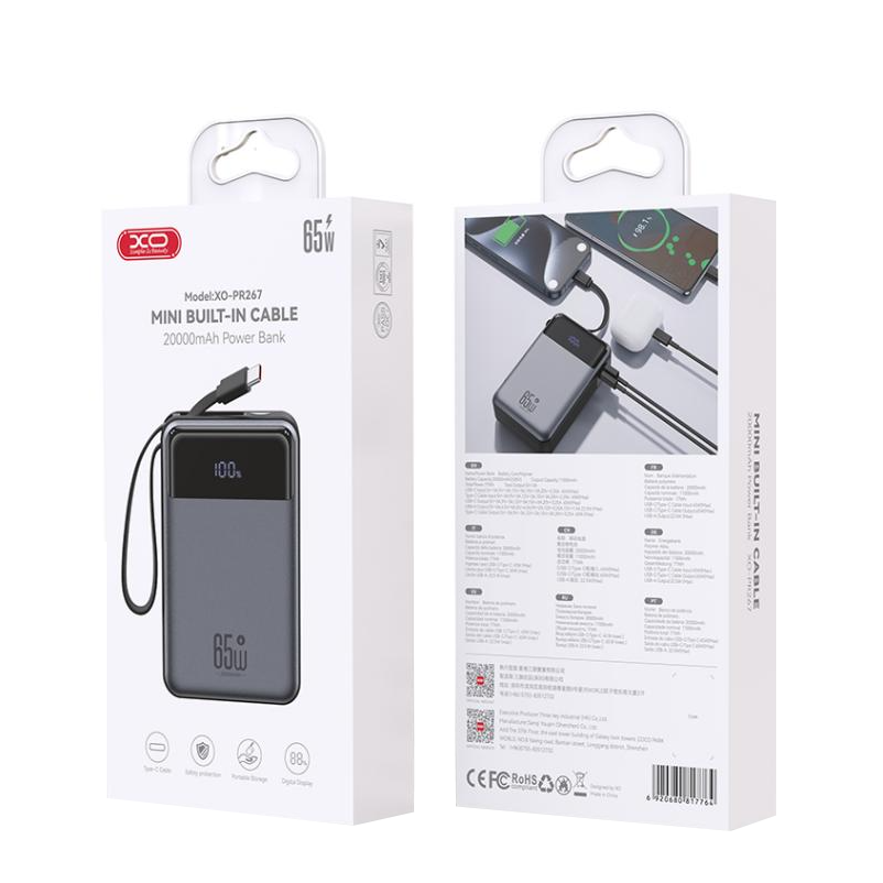 Spoljna baterija XO Design PR267, 20000mAh, 65W, QC + PD, 1 x USB-A - 2 x USB-C, Siva