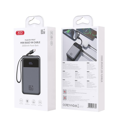 Spoljna baterija XO Design PR267, 20000mAh, 65W, QC + PD, 1 x USB-A - 2 x USB-C, Siva