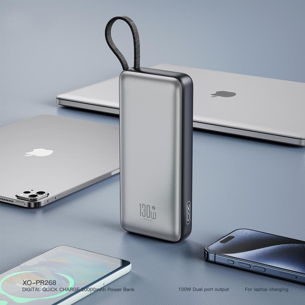 Eksterna baterija XO Design PR268, 20000mAh, 130W, QC + PD, 1 x USB-A - 2 x USB-C, Siva