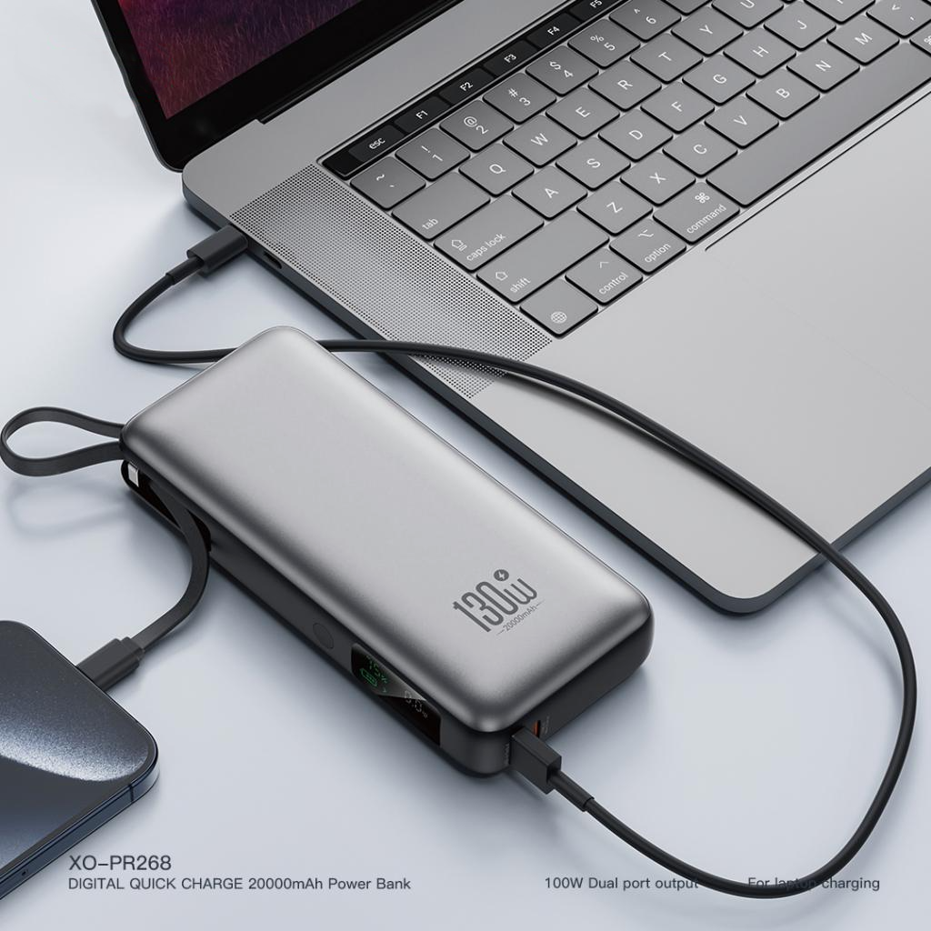Eksterna baterija XO Design PR268, 20000mAh, 130W, QC + PD, 1 x USB-A - 2 x USB-C, Siva