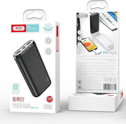 Spoljna baterija XO Design PR127, 20000mAh, 22.5W, QC + PD, 1 x USB-C - 2 x USB-A, Crna