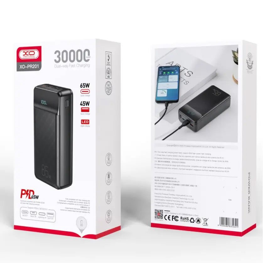 Spoljna baterija XO Design PR201, 30000mAh, 65W, QC + PD, 1 x USB-C - 2 x USB-A, Crna