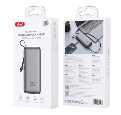 Eksterna baterija XO Design PR268, 20000mAh, 130W, QC + PD, 1 x USB-A - 2 x USB-C, Siva