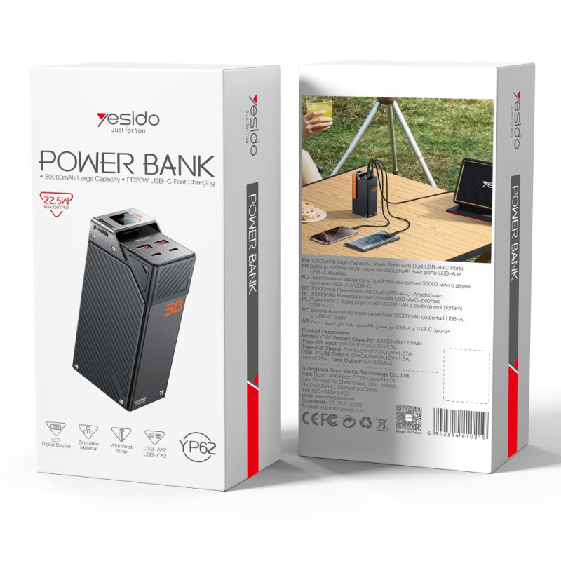 Eksterna baterija Yesido YP62, 30000mAh, 22.5W, QC + PD, 2 x USB-A - 2 x USB-C, Crna
