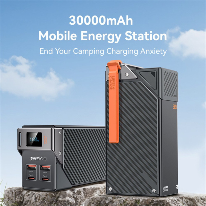 Eksterna baterija Yesido YP62, 30000mAh, 22.5W, QC + PD, 2 x USB-A - 2 x USB-C, Crna
