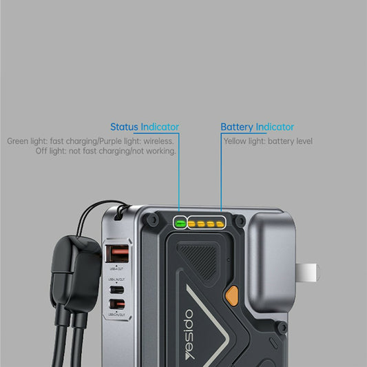 Spoljna baterija Yesido YP89, 10000mAh, 22.5W, QC + PD + FQI, 1 x Lightning - 1 x QI - 1 x USB-A - 1 x USB-C, Siva
