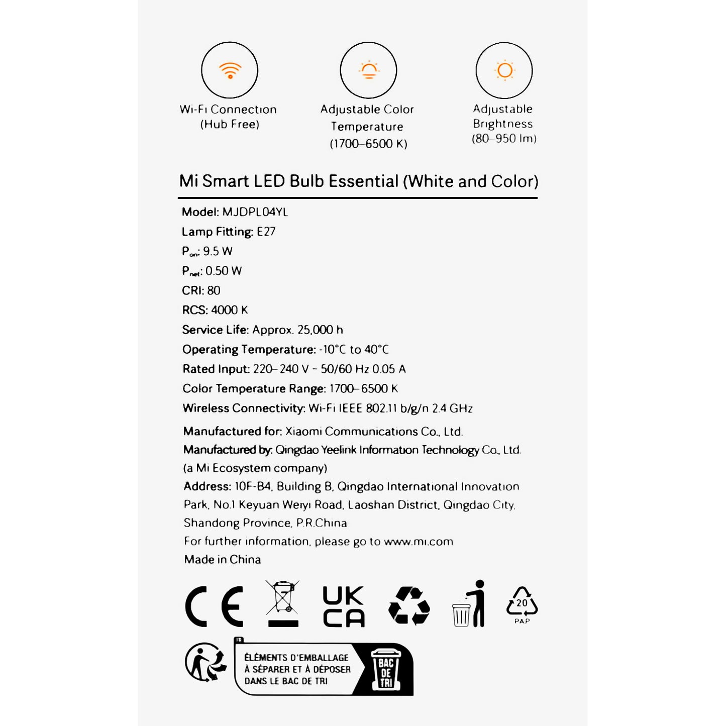 LED žarulja Xiaomi Essential, Wi-Fi, E27, 9W, 1700K - 6500K, 950lm BHR5743EU