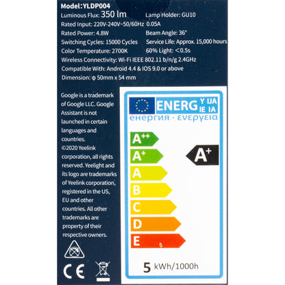 Yeelight W1 LED Bulb, Wi-Fi, GU10, 4.8W, 2700K, 350lm, White YLDP004