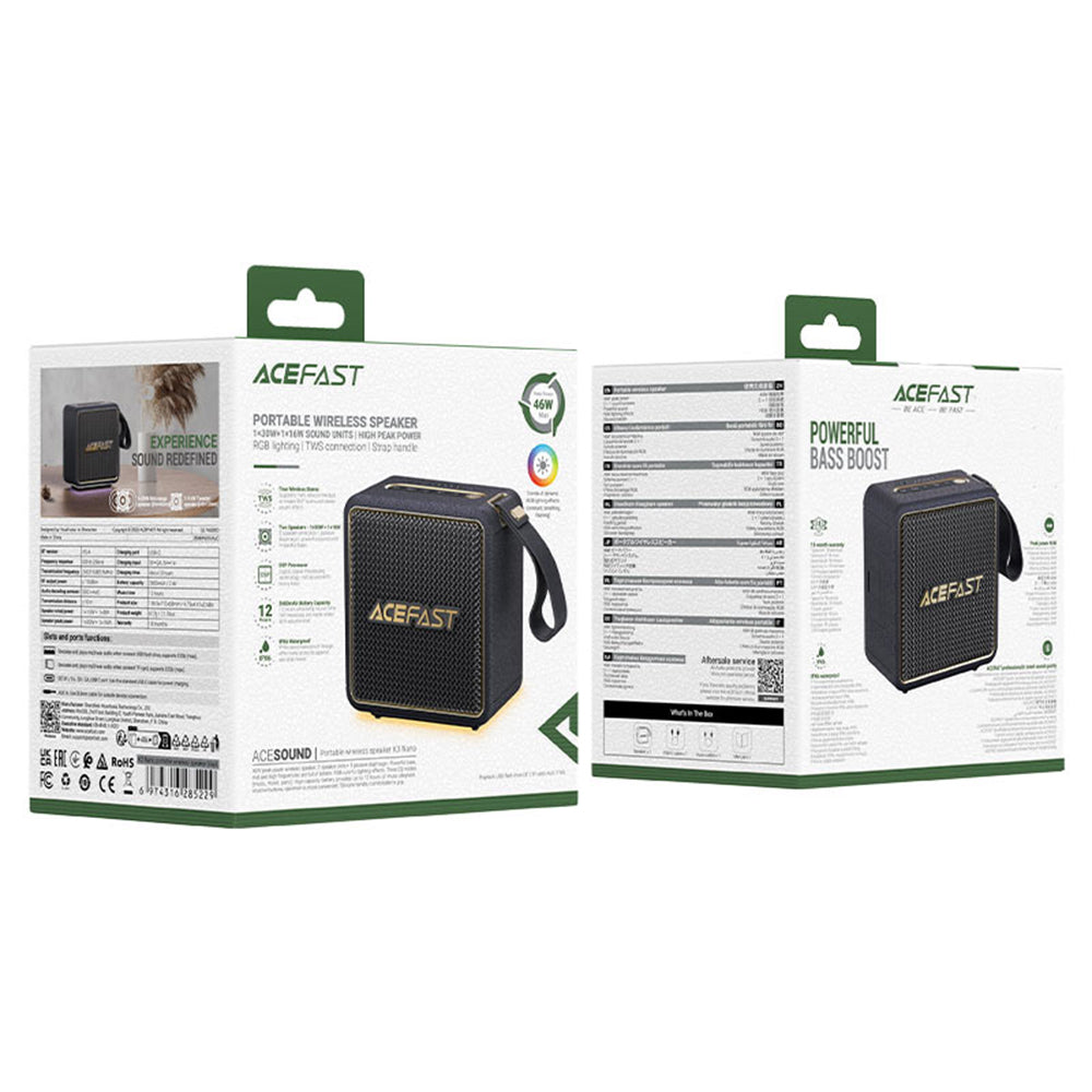 Prenosivi Bluetooth zvučnik Acefast K3 Nano, 1 x 30W - 1 x 16W, RGB, Vodootporan, Crni