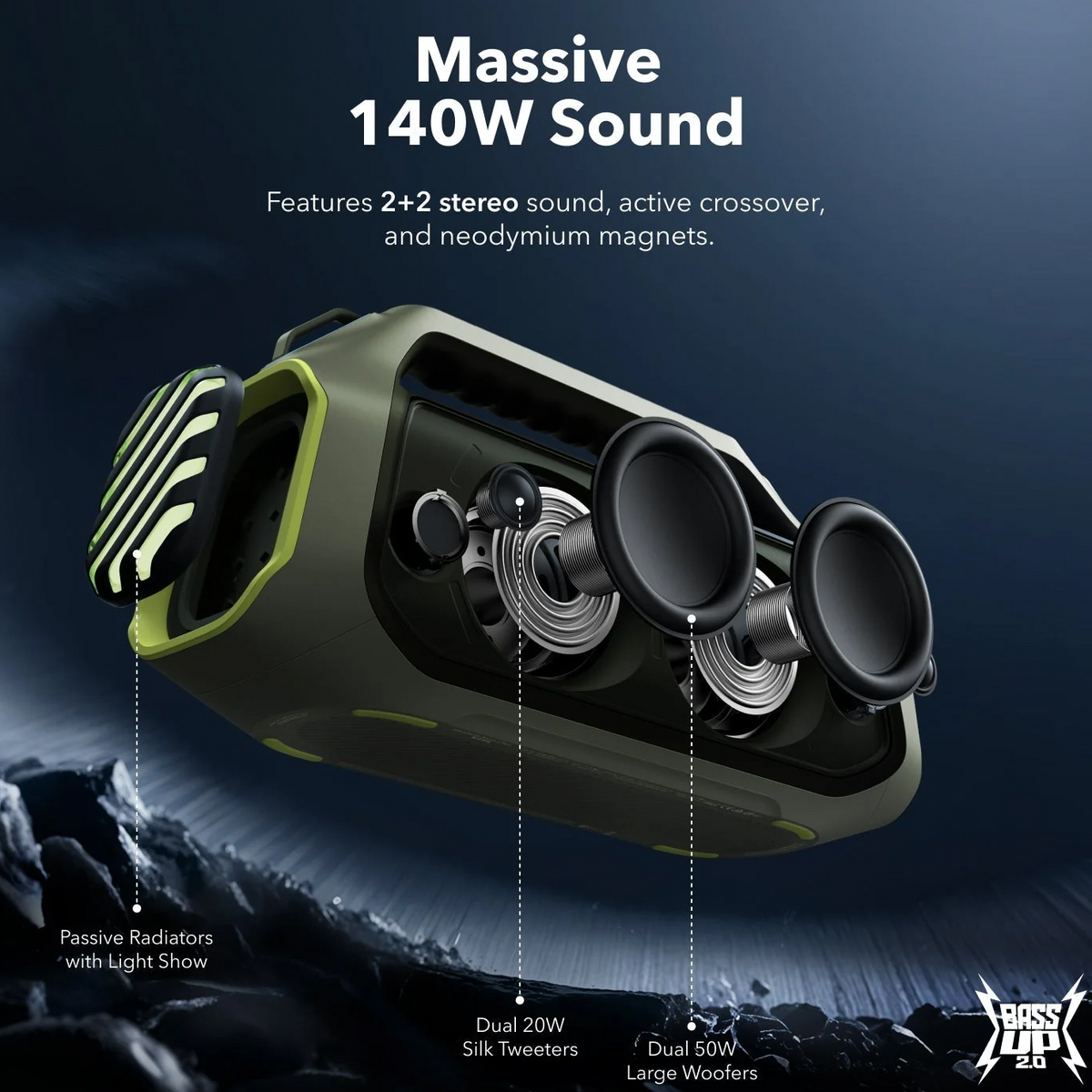 Prenosivi Bluetooth zvučnik Anker SoundCore Boom 2 Plus, 140W, TWS, RGB, Vodootporan, Zeleni, Refabrikovan A3134061
