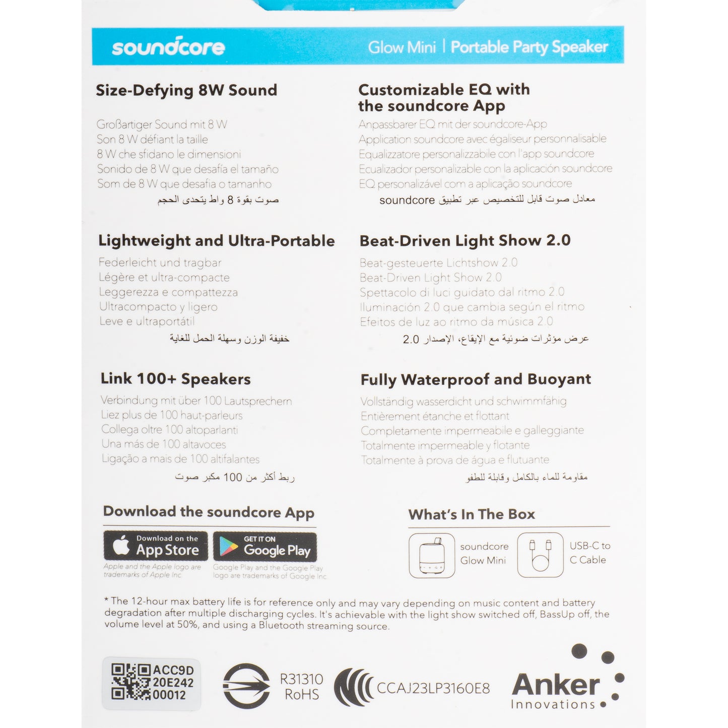 Prenosivi Bluetooth Zvučnik Anker SoundCore Glow Mini, 8W, RGB, Vodootporan, Crni A3136G11