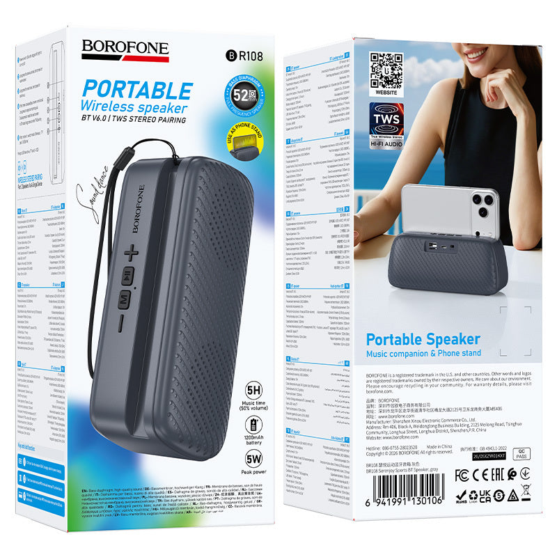 Prenosni Bluetooth zvučnik Borofone BR108 Serenjoy, 5 W, TWS, sivi