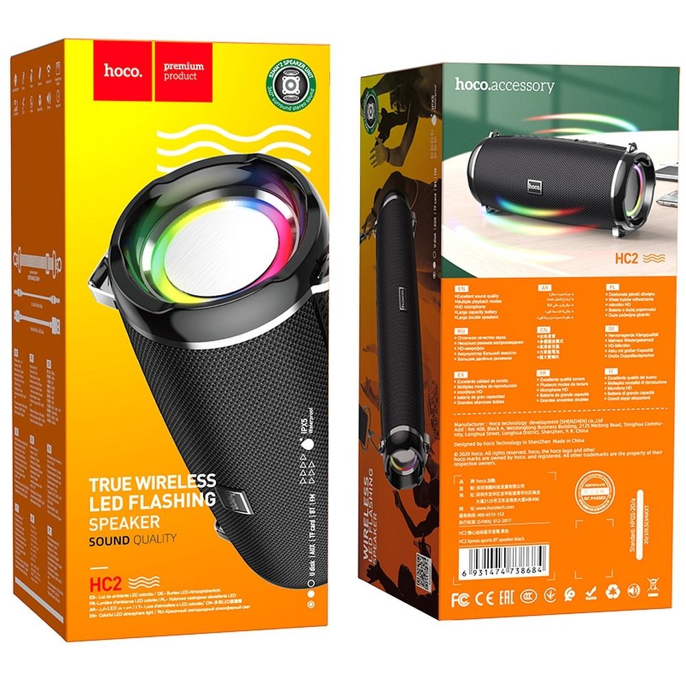 Prenosni Bluetooth zvučnik HOCO HC2, 2 x 5W, TWS, RGB, Crni