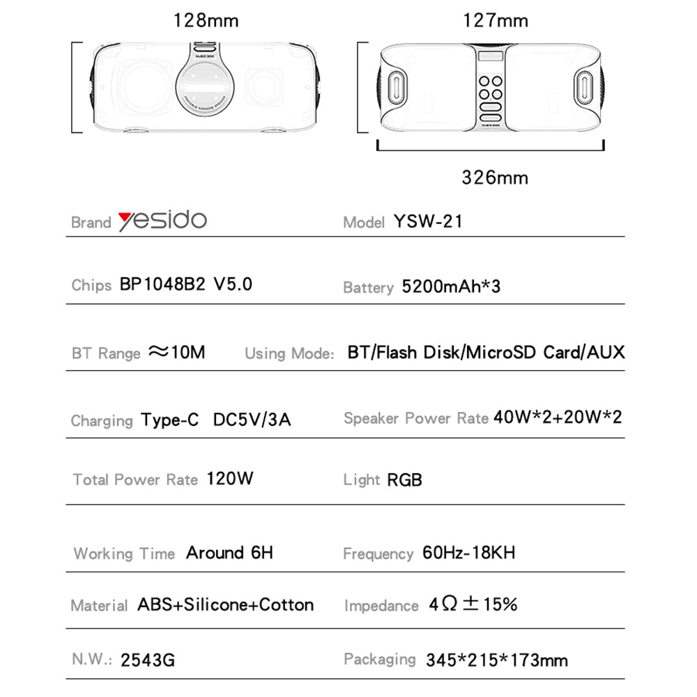 Bluetooth zvučnik Yesido YSW21 Karaoke, 120W, RGB, Vodootporan, Crna