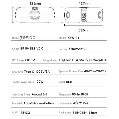 Bluetooth zvučnik Yesido YSW21 Karaoke, 120W, RGB, Vodootporan, Crna