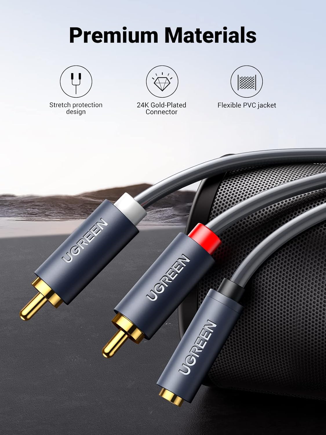 Audio Cable 3.5mm - 2 x RCA UGREEN AV102, 1m, Gray 