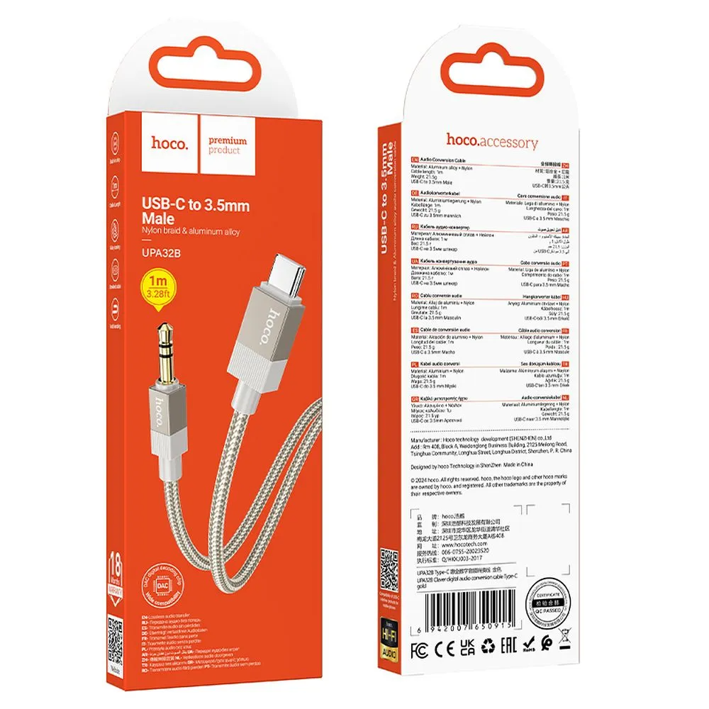 Audio kabl USB-C - 3.5mm HOCO UPA32B, 1m, Zlatni