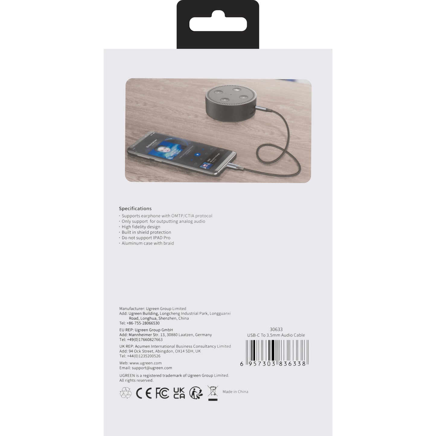 Audio kabel USB-C - 3.5mm UGREEN AV143, 1m, sivi