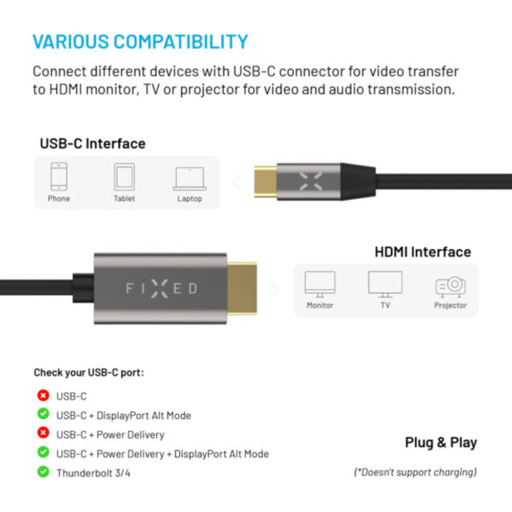 Audio i Video kabl USB-C - HDMI Fixed, 2m, Sivi