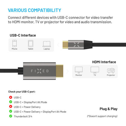 Audio i Video kabl USB-C - HDMI Fixed, 2m, Sivi