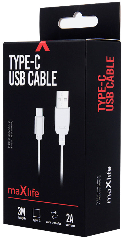USB-A - USB-C kabl za prenos podataka i punjenje MaXlife, 20W, 3m, Bela