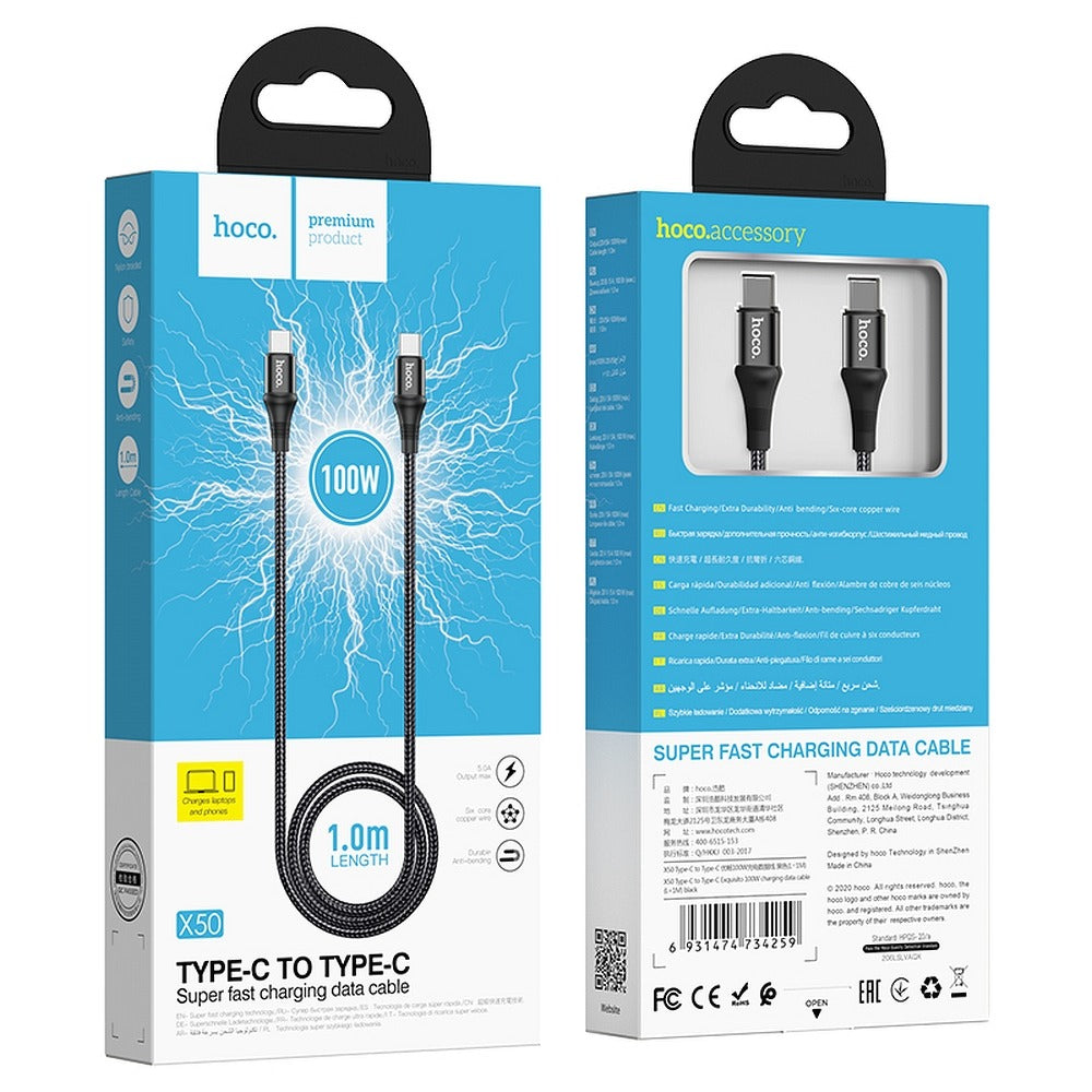 Kabl za Prenos Podataka i Punjenje USB-C - USB-C HOCO X50, 100W, 1m, Crni