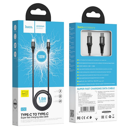 Kabl za Prenos Podataka i Punjenje USB-C - USB-C HOCO X50, 100W, 1m, Crni